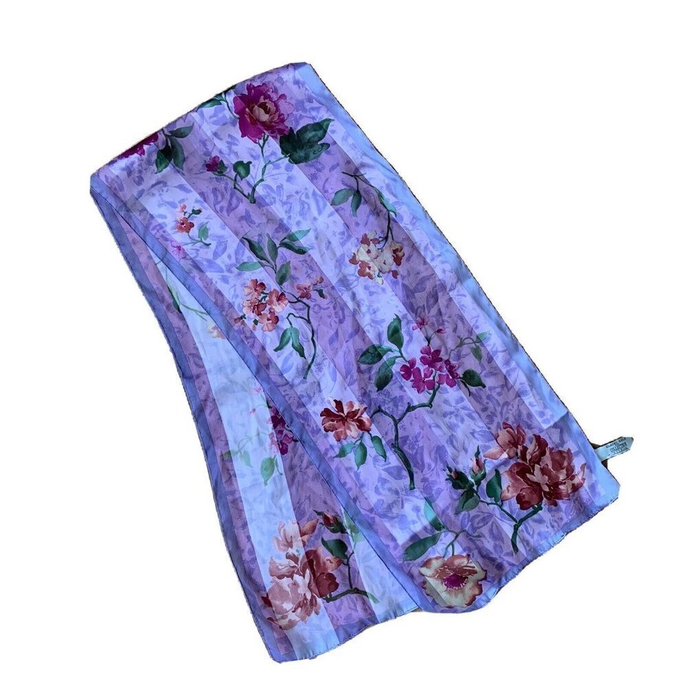 Elaine Gold Collection Purple Floral Rectangular Scarf 50” By 11” Vintage
